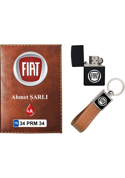 Isiminize Özel Fıat Logolu Taba Ruhsat Kabı - Anahtarlık - Çakmak