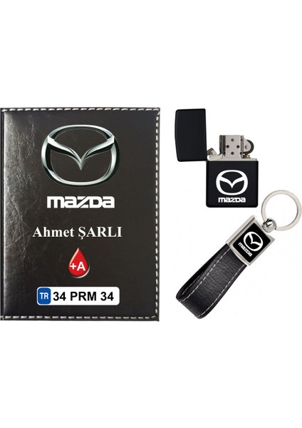 Isiminize Özel Mazda Logolu Siyah Ruhsat Kabı - Anahtarlık - Çakmak