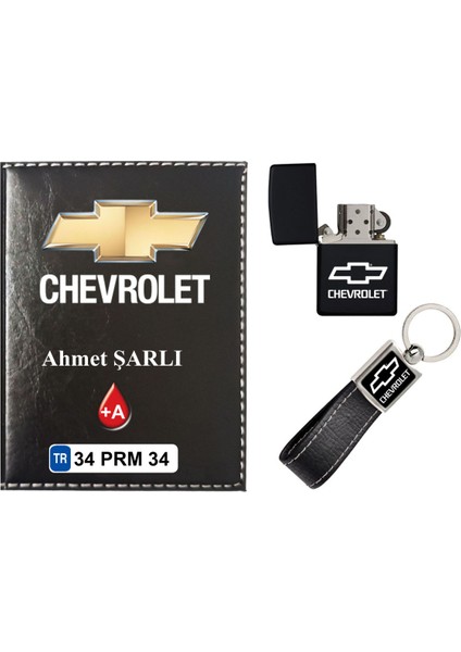 Isiminize Özel Chevrolet Logolu Siyah Ruhsat Kabı - Anahtarlık - Çakmak