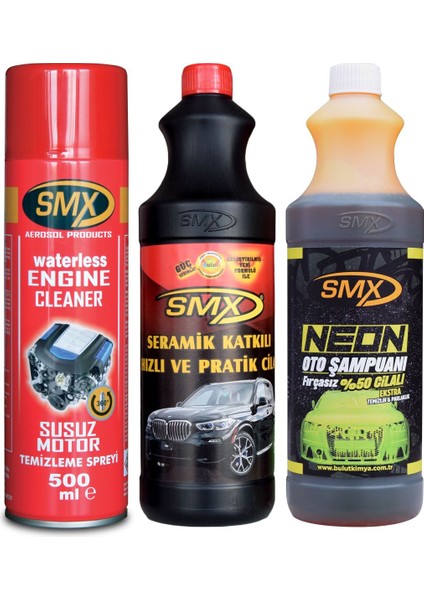 Susuz Motor Temizleme ve Koruma Spreyi 500 ml - Seramik Katkılı Hızlı ve Pratik Cila 1 Lt. - Smx Neon %50 Cilalı Fırçasız Oto Şampuanı 1 Lt.