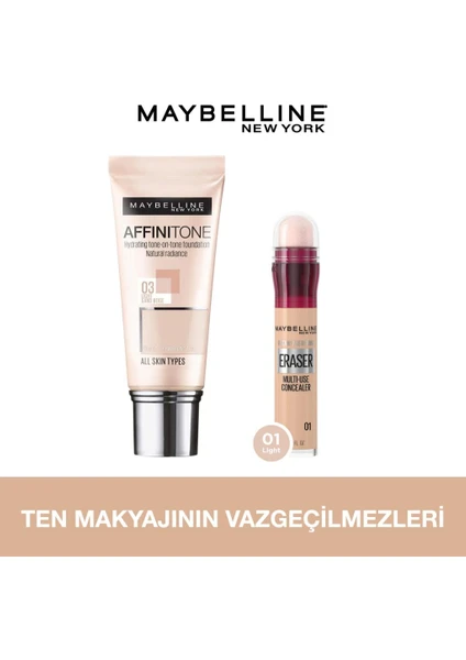 L'Oréal Paris New York Affinitone Fondöten, 03 Light Sandbeige + Instant Anti Age Eraser Kapatıcı - 01 Light