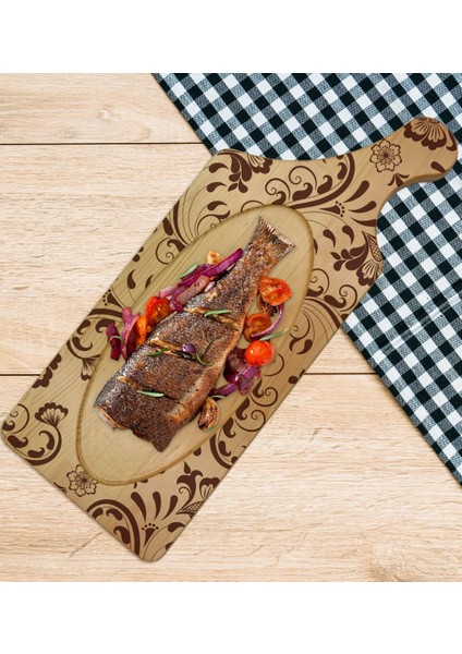 Gift Retro Motif Tasarımlı Dikdörtgen Şeklinde Doğal Ahşap Servis ve Sunum Tabağı Model 3