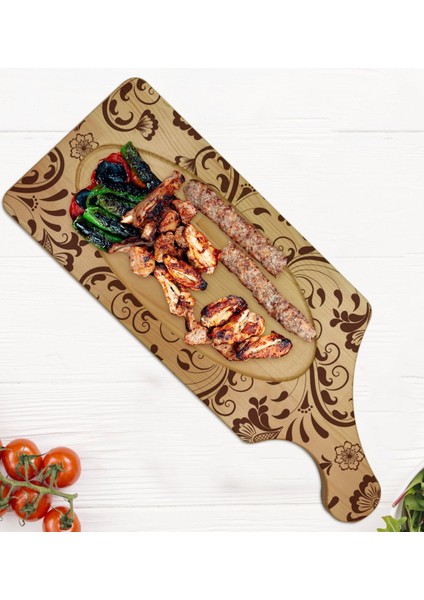Gift Retro Motif Tasarımlı Dikdörtgen Şeklinde Doğal Ahşap Servis ve Sunum Tabağı Model 3