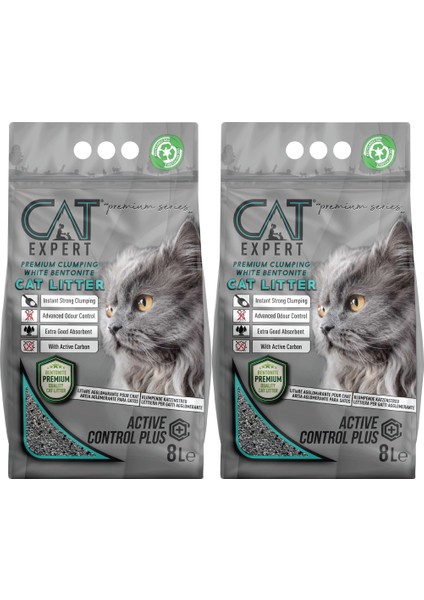 CAT EXPERT Kedi Kumu Active Control Plus Aktif Karbonlu Topaklanan Ve Koku Hapseden Tozsuz 8 Lt X 2 Adet