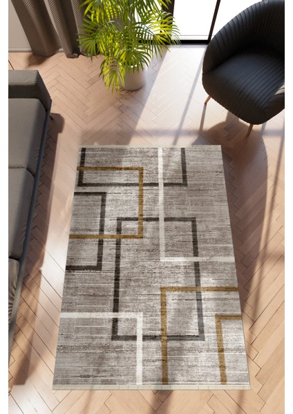 Modern Geometrik Gri Dijital Baskı Halı Kaydırmaz Ince Yıkanabilir