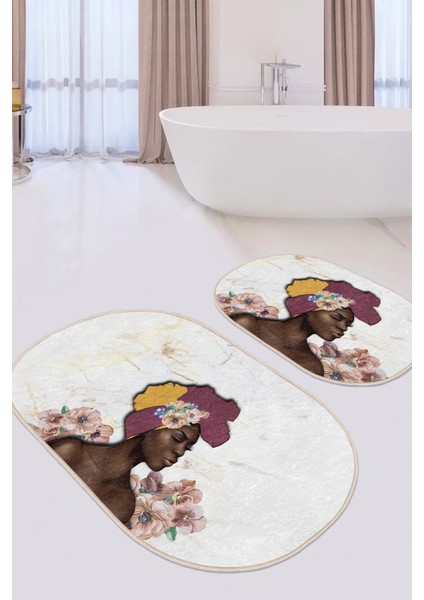 Real Homes Mermer Zeminli Zenci Kadın Motifli 2'li Oval Kaymaz Tabanlı Mutfak Halı Takımı & Banyo Paspas Seti modelleri