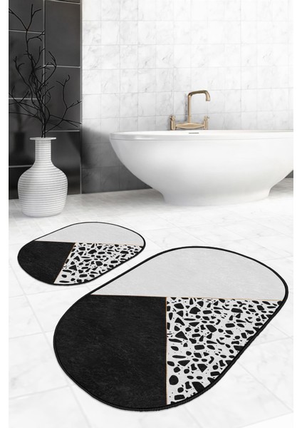 Real Homes Siyah Beyaz Düz Renkli Taş Tasarımlı 2'li Oval Kaymaz Tabanlı Banyo & Mutfak Paspas Takımı