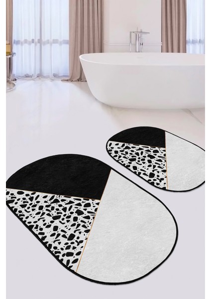 Real Homes Siyah Beyaz Düz Renkli Taş Tasarımlı 2'li Oval Kaymaz Tabanlı Banyo & Mutfak Paspas Takımı
