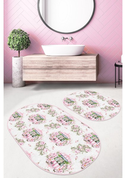 Real Homes Çiçek Demetli Pembe Araba Dijital Baskılı 2'li Oval Kaymaz Tabanlı Banyo & Mutfak Paspas Takımı