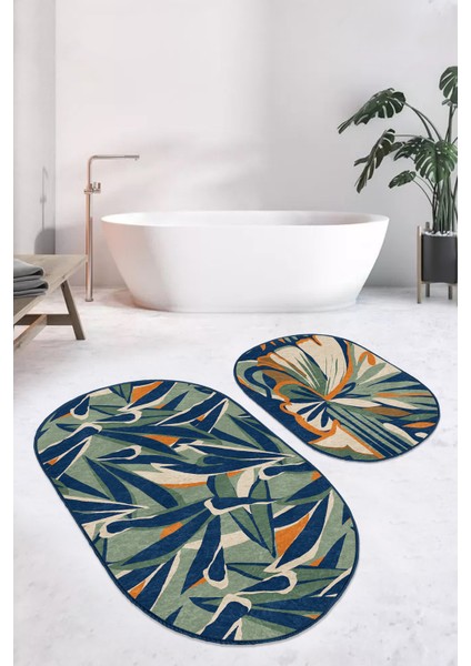Real Homes Ebru Sanatı Yaprak Tasarımlı 2'li Oval Kaymaz Tabanlı Mutfak Halı Seti & Banyo Paspas Takımı