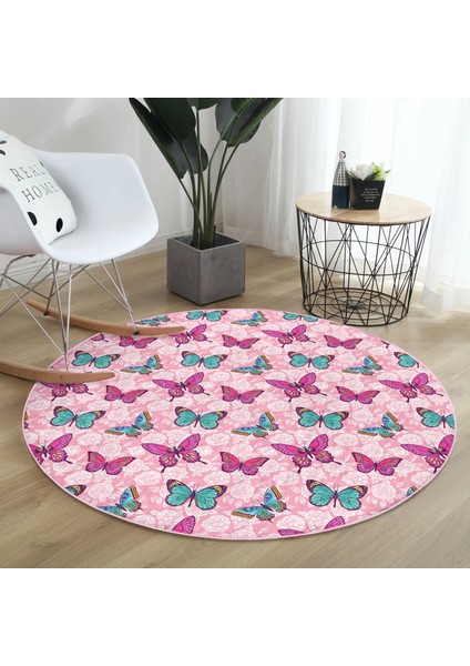Kelebek ve Gül Motifli Dijital Baskılı Özel Tasarım Modern Pembe Çocuk ve Genç Odası Yıkanabilir Kaymaz Tabanlı Yuvarlak Halı modelleri