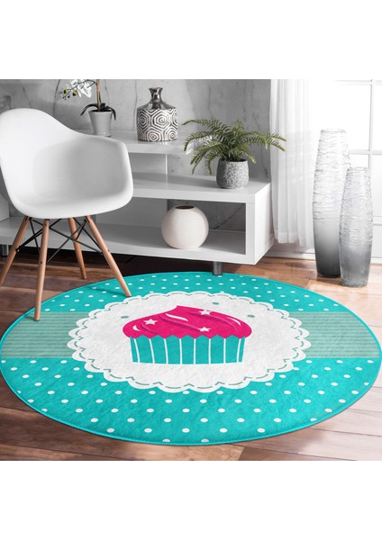 Cup Cake Desenli Dijital Baskılı Turkuaz Çocuk ve Genç Odası Yıkanabilir Kaymaz Tabanlı Yuvarlak Halı