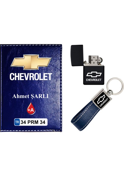 Isiminize Özel Chevrolet Logolu Lacivert Ruhsat Kabı - Anahtarlık - Çakmak