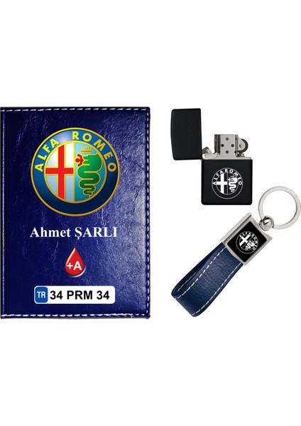 Isiminize Özel Alfaromeo Logolu Lacivert Ruhsat Kabı - Anahtarlık - Çakmak