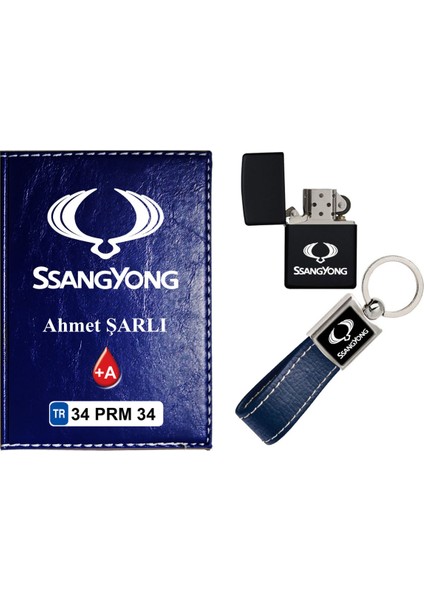 Isiminize Özel Ssangyong Logolu Lacivert Ruhsat Kabı - Anahtarlık - Çakmak