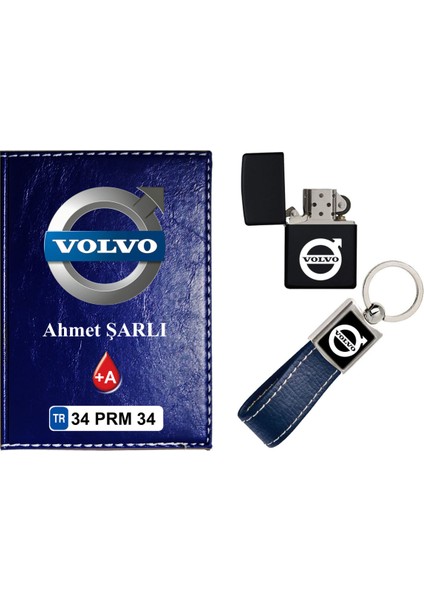 Isiminize Özel Volvo Logolu Lacivert Ruhsat Kabı - Anahtarlık - Çakmak