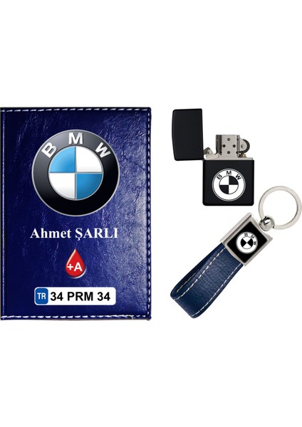 Isiminize Özel Bmw Logolu Lacivert Ruhsat Kabı - Anahtarlık - Çakmak