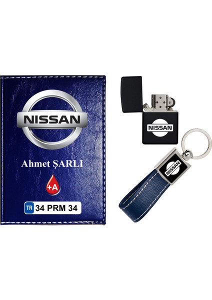 Isiminize Özel Nissan Logolu Lacivert Ruhsat Kabı - Anahtarlık - Çakmak