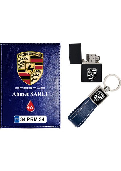 Isiminize Özel Porsche Logolu Lacivert Ruhsat Kabı - Anahtarlık - Çakmak