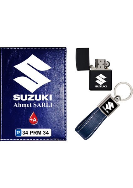 Isiminize Özel Suzuki Logolu Lacivert Ruhsat Kabı - Anahtarlık - Çakmak