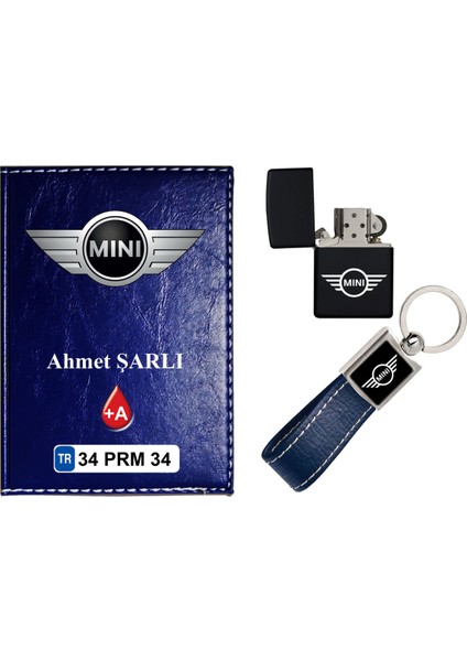 Isiminize Özel Mını Cooper Logolu Lacivert Ruhsat Kabı - Anahtarlık - Çakmak