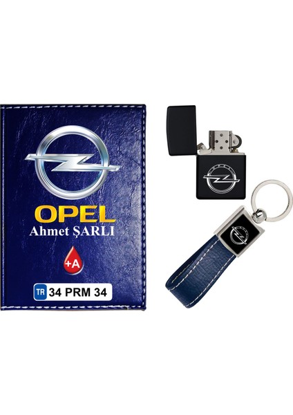 Isiminize Özel Opel Logolu Lacivert Ruhsat Kabı - Anahtarlık - Çakmak