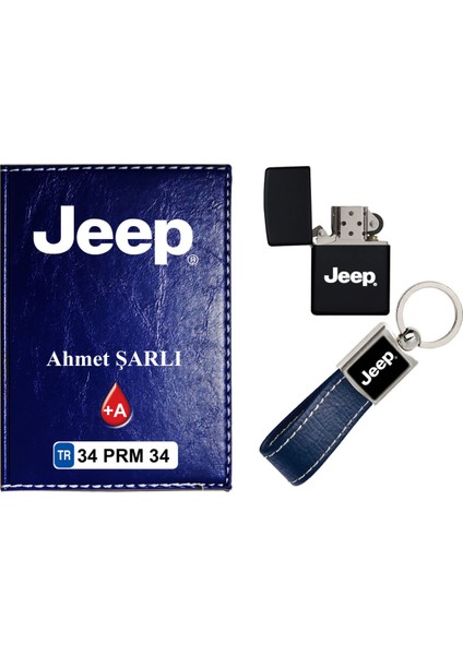 Isiminize Özel Jeep Logolu Lacivert Ruhsat Kabı - Anahtarlık - Çakmak