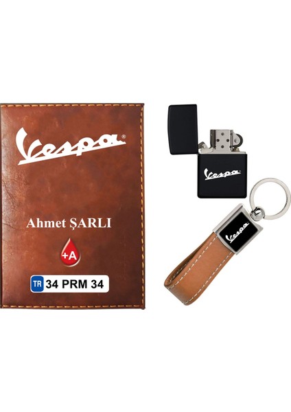 Isiminize Özel Vespa Logolu Taba Ruhsat Kabı - Anahtarlık - Çakmak