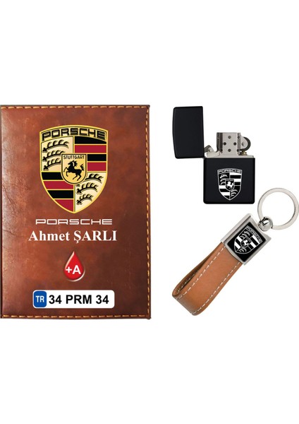 Isiminize Özel Porsche Logolu Taba Ruhsat Kabı - Anahtarlık - Çakmak