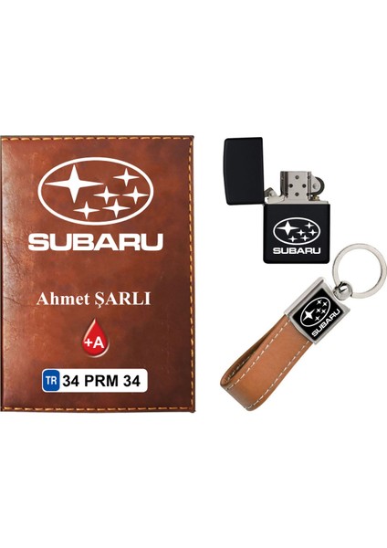 Isiminize Özel Subaru Logolu Taba Ruhsat Kabı - Anahtarlık - Çakmak