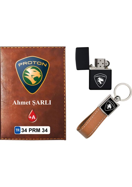 Isiminize Özel Proton Logolu Taba Ruhsat Kabı - Anahtarlık - Çakmak