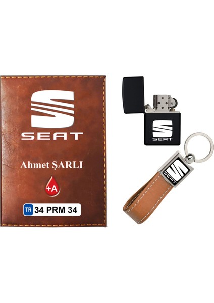 Isiminize Özel Seat Logolu Taba Ruhsat Kabı - Anahtarlık - Çakmak