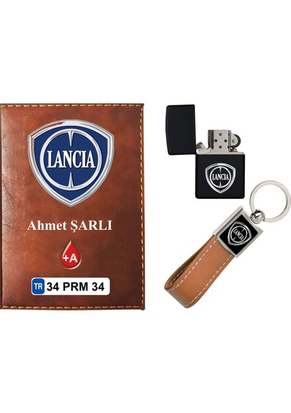 Isiminize Özel Lancıa Logolu Taba Ruhsat Kabı - Anahtarlık - Çakmak