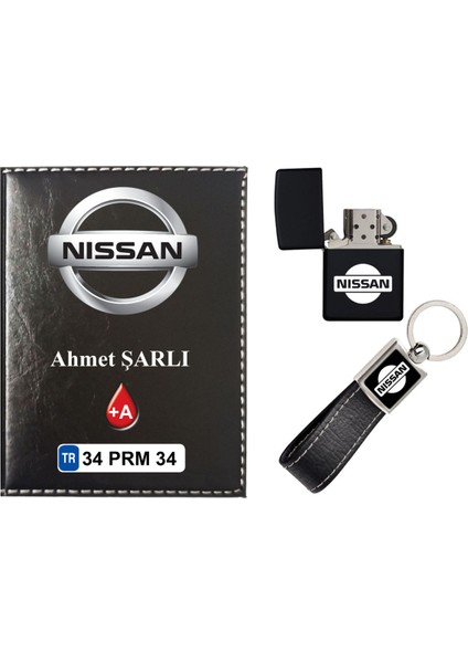 Isiminize Özel Nissan Logolu Siyah Ruhsat Kabı - Anahtarlık - Çakmak