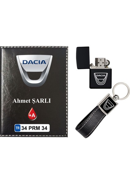 Isiminize Özel Dacıa Logolu Siyah Ruhsat Kabı - Anahtarlık - Çakmak