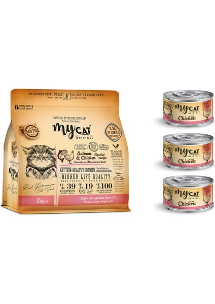 Mycat Original Tahılsız Somonlu Tavuklu Yavru Kedi Maması 2kg + Yavru Kedi Konservesi 80GRX3AD