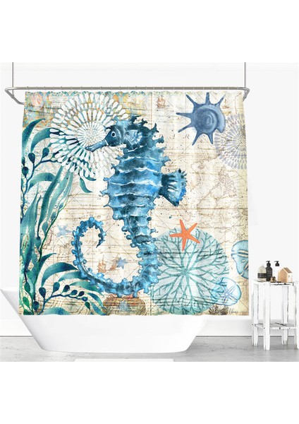 183 x 183 cm Polyester Kumaş Baskılı Kancalı Banyo Perdesi - Mavi (Yurt Dışından)