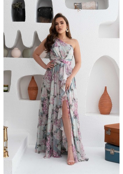 Çağla Empirme Tek Kol Yırtmaçlı Uzun Abiye Elbise