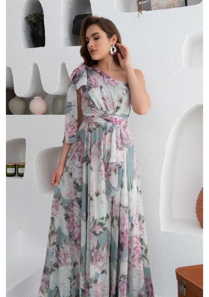 Çağla Empirme Tek Kol Yırtmaçlı Uzun Abiye Elbise fiyatları