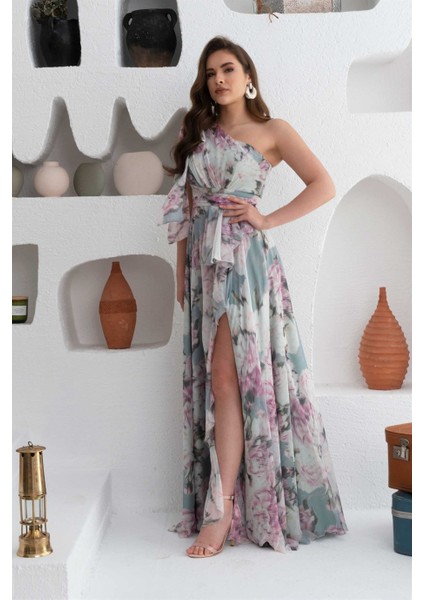 Çağla Empirme Tek Kol Yırtmaçlı Uzun Abiye Elbise modelleri