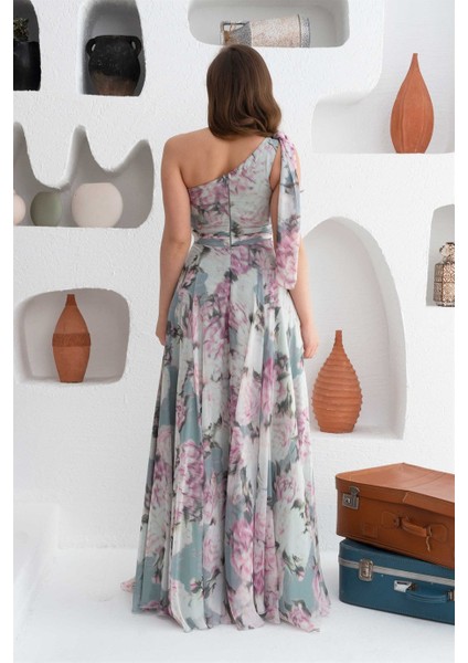 Çağla Empirme Tek Kol Yırtmaçlı Uzun Abiye Elbise indirimleri