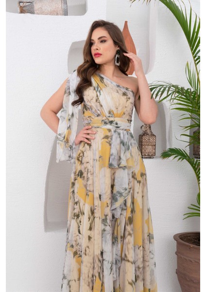 Sarı Empirme Tek Kol Yırtmaçlı Uzun Abiye Elbise fiyatları