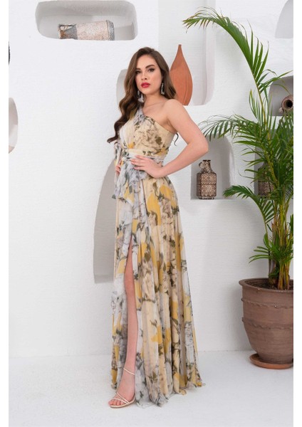 Sarı Empirme Tek Kol Yırtmaçlı Uzun Abiye Elbise