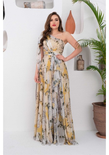 Sarı Empirme Tek Kol Yırtmaçlı Uzun Abiye Elbise modelleri