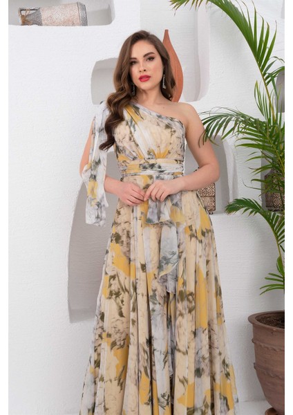 Sarı Empirme Tek Kol Yırtmaçlı Uzun Abiye Elbise fırsatları