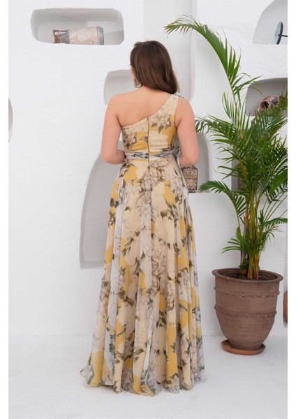 Sarı Empirme Tek Kol Yırtmaçlı Uzun Abiye Elbise indirimleri