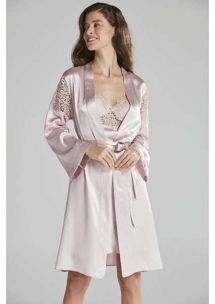 6955 6'lı Saten Gecelik Sabahlık Çeyiz Seti Pudra