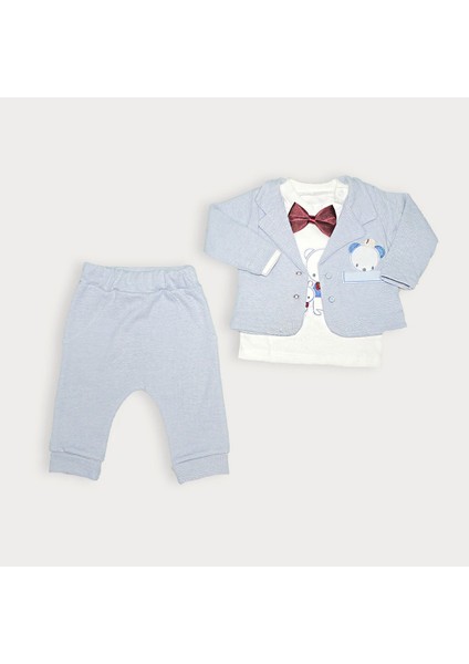 1218 Babyım Papyonlu 3lü Ceketli Takım 0-6 Ay Mavı