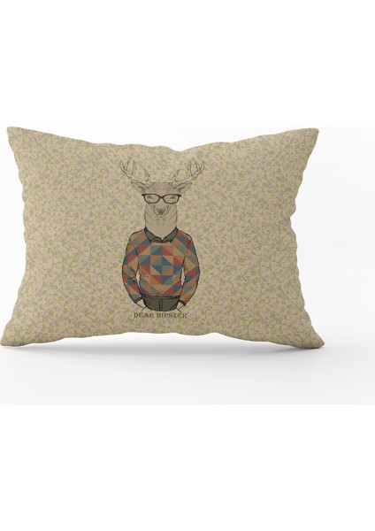 Siyah Bej Vintage Geyik Figürlü Kırlent Yastık Kılıfı - CGH140-3550 Çift Tarafı Baskılı