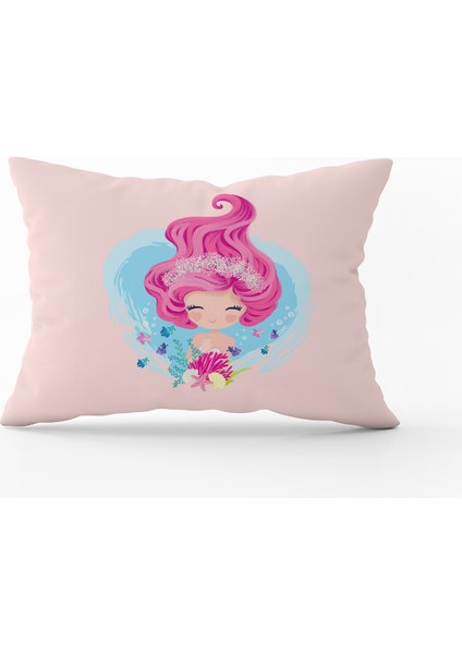 Pembe Mavi Denizkızı Figürlü Çocuk Kırlent Yastık Kılıfı - CGH142-3550 Çift Tarafı Baskılı